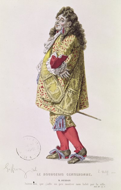 ルートヴィヒ・ヴォルフ（1776）によって彫刻されたモリエール（1622-73）の「ブルジョワ紳士」の第3幕シーン1のムッシュジュルダンのイラスト 作： Edmond A.F. Geffroy